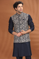Navy Blue Silk Embroidered Kurta Pajama Set with Jacket
